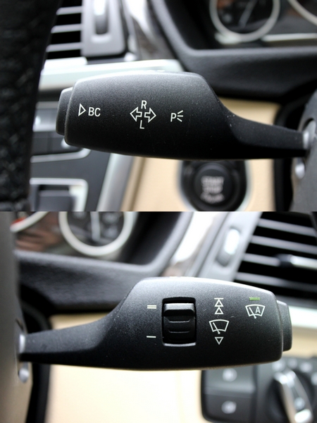 LHS control stalk for turn indicators and high beam flash. RHS control stalk for wiper controls.