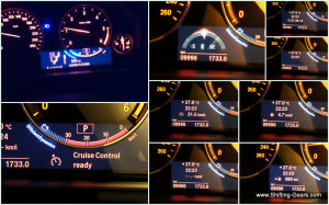 Instrument cluster shows data such as the direction in which the car is moving, average running time, instantaneous fuel efficiency, average fuel efficiency, date, DTE, cruise control activity and also the next change in direction when using the navigation