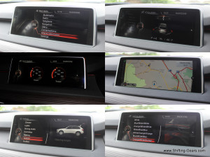 Infotainment screen displays data such as vehicle information, xDrive status showing the terrain undulations, navigation, sport displays showing how much torque and power is being used, colour combinations for the ambient lighting and more