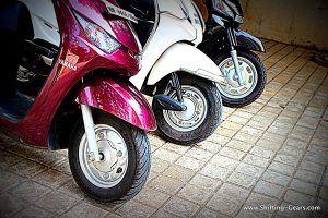 Gusto and Alpha ride on 12" wheels, while Activa uses 10" wheels